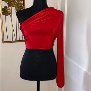Red one shoulder long sleeve crop top S